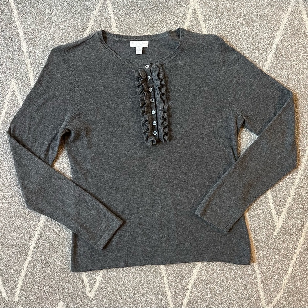 Charter Club Gray Crew Neck Soft Pullover Sweater with Ruffle Neck Detail